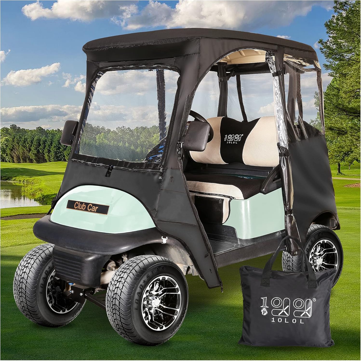 10L0L 800D Deluxe Golf Cart Enclosure 2 Passenger for Club Car Precedent, Onward & Tempo Golf Cart, 4 Sided Clear PVC Window with Security Side Mirror Openings and Zipper Entry Golf Cart Rain Cover