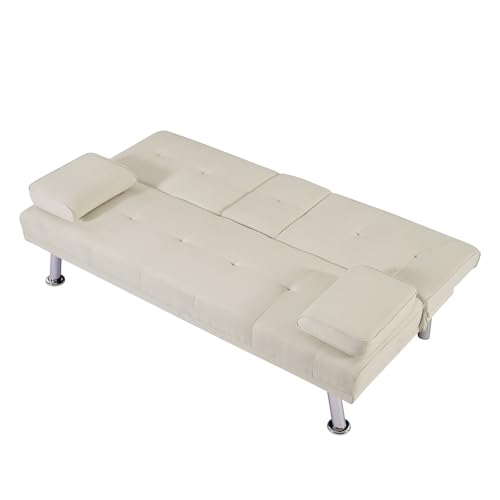 Futon Sofa Bed, 3 People Guest Bed, Modern Convertible Folding Futon Sofa Bed with Removable Armrests, Futon Couch Recliner Lounge with 2 Cup Holders for Living Room, Apartments, Dormitories, Office