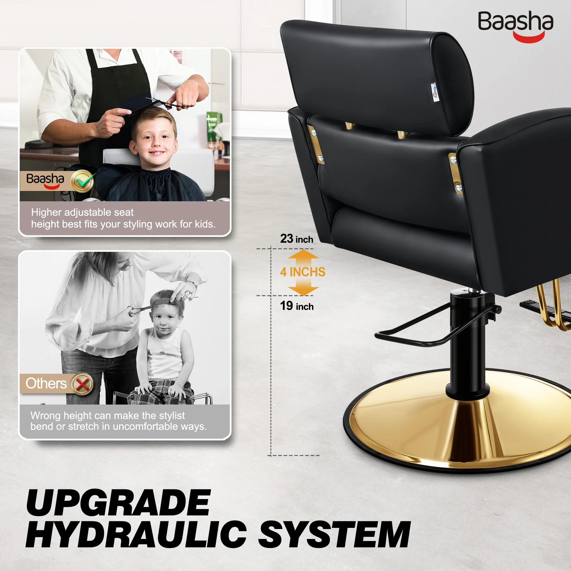 Baasha Luxury Gold Salon Chair - Sleek and Modern Hair Chair with Black Stain-Resistant Leather Upholstery, Adjustable Height, and Heavy-Duty Base - Comfortable Hair Salon Chair for Hair Stylist