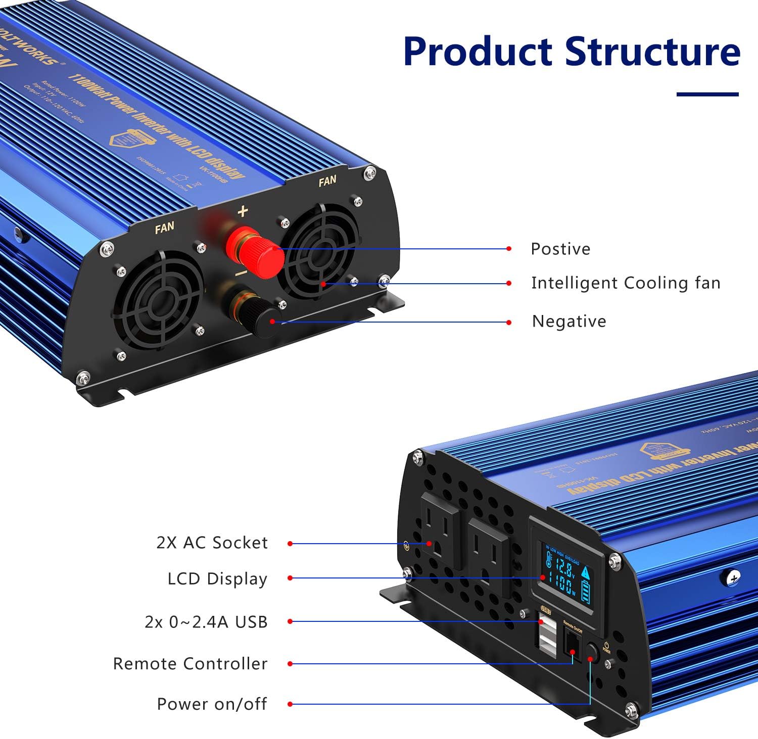 Power Inverter 2000w DC 12V to AC 120V Modified Sine Wave Inverter 2000 watt with LCD Display Remote Control and 3AC Outlets Dual 2.4A USB Ports for Car RV Truck Boat[3 Years Warranty] by VOLTWORKS