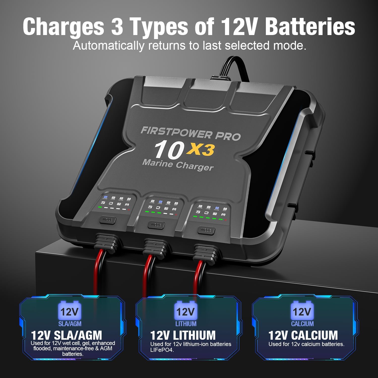 3 Bank Marine Battery Charger 10X3, 30A (10A/Bank) - 12V Waterproof Onboard Battery Charger, Battery Maintainer & Desulfator for SLA/AGM, Lithium (LiFePO4), Calcium & Deep-Cycle Battery - Charged 24/7