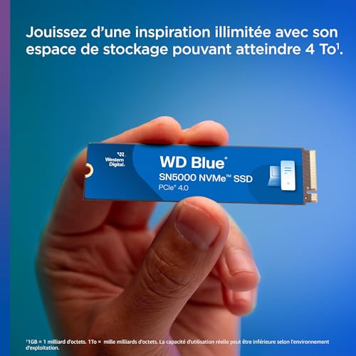 Western Digital 4TB WD Blue SN5000 NVMe Internal Solid State Drive SSD - PCIe Gen 4.0, M.2 2280, Up to 5,500 MB/s - WDS400T4B0E