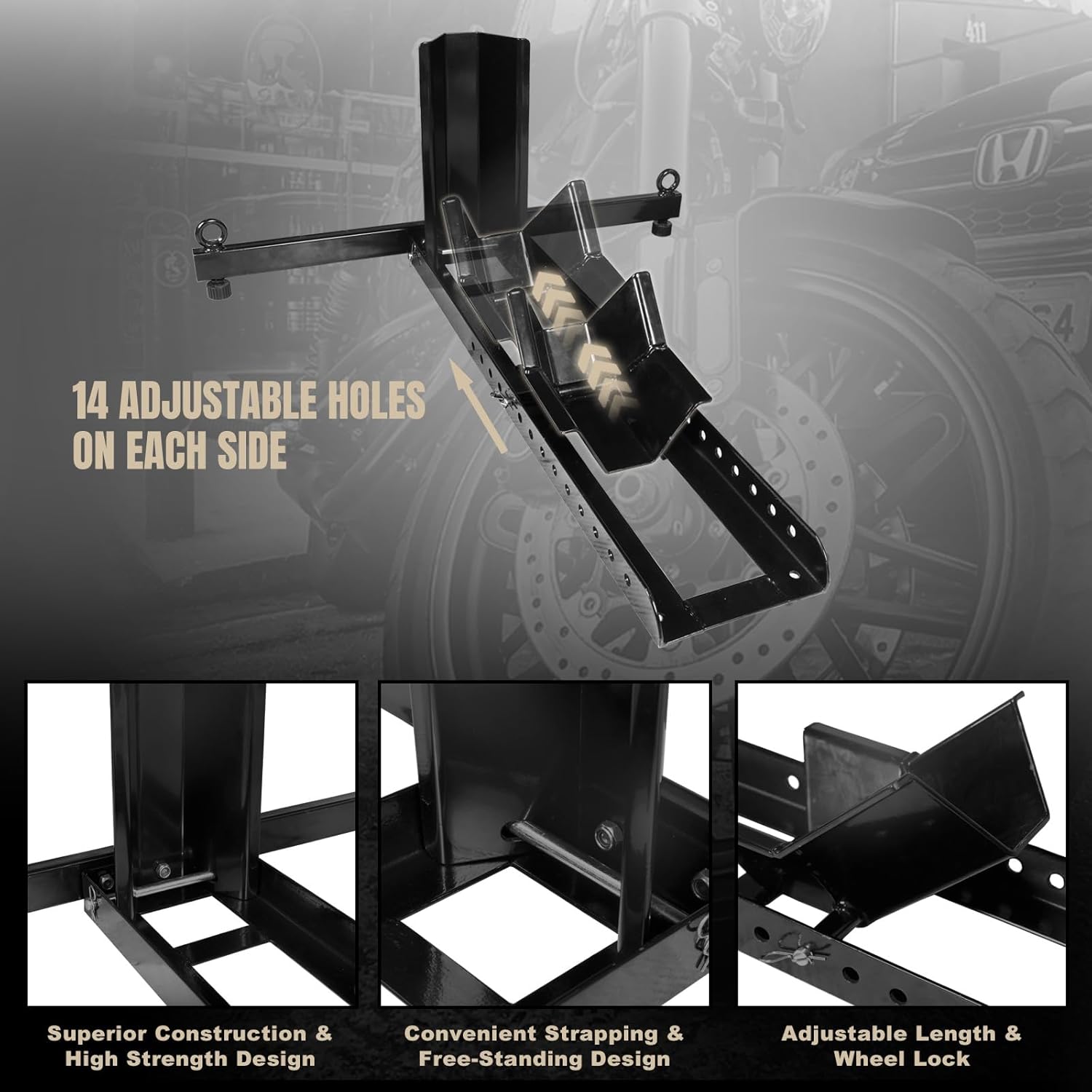 Torin ATRM05012B Motorcycle Trailer Wheel Chock: Adjustable Heavy-Duty Steel Motorcycle Stand Wheel Tire Chock for 16"-25" Off-Road and Standard Motorcycles, Upright 1800lbs Capacity