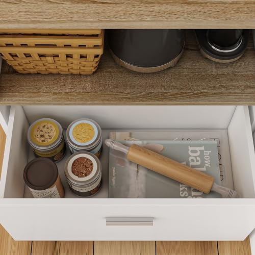 ECACAD 80.7" Kitchen Island with Storage, Wood Kitchen Prep Table White Stationery Storage Cabinet with 3 Drawers, Open Shelves & 2 Cabinets for Dining Room