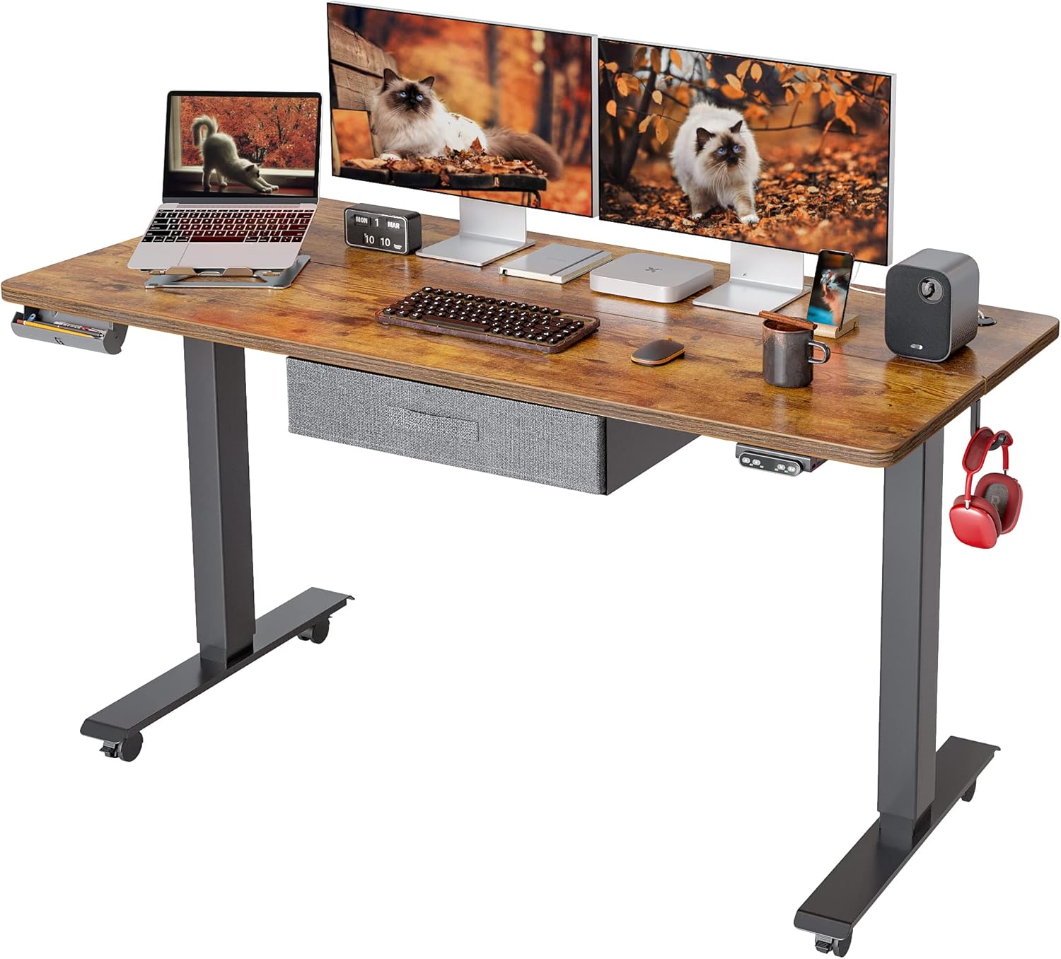 FEZIBO Standing Desk with Drawer, Adjustable Height Electric Stand up Desk, 55 x 24 Inches Sit Stand Home Office Desk, Ergonomic Workstation Black Steel Frame/Rustic Brown Tabletop