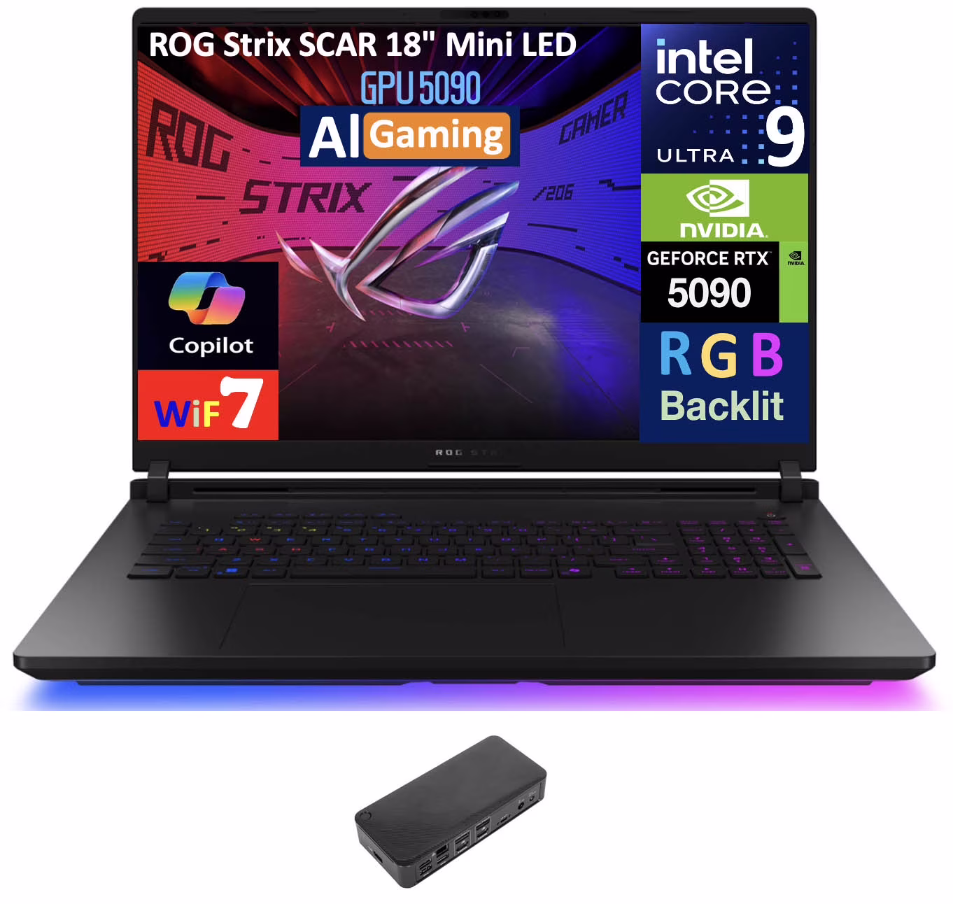 ASUS ROG Strix SCAR AI Gaming Laptop 18in 240Hz Mini LED WQXGA Display (Intel Ultra 9- 275HX, NVIDIA GeForce RTX 5090 24GB, 64GB DDR5, 8TB PCIe SSD, RGB KB, 2 Thunderbolt 5, Win 11 Pro) w/USB-C Dock