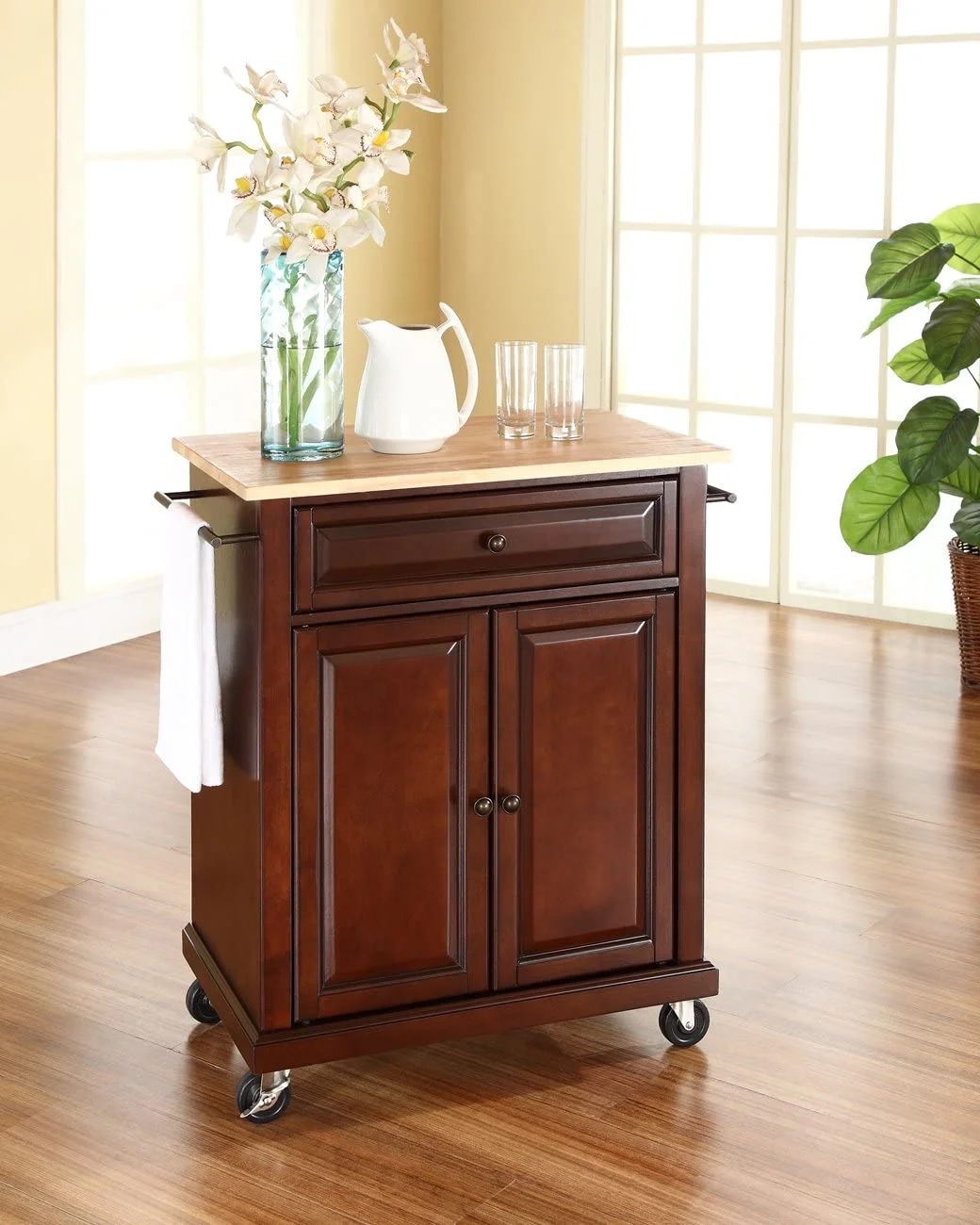 Compact Kitchen Island With Natural Wood Top, Mahogany