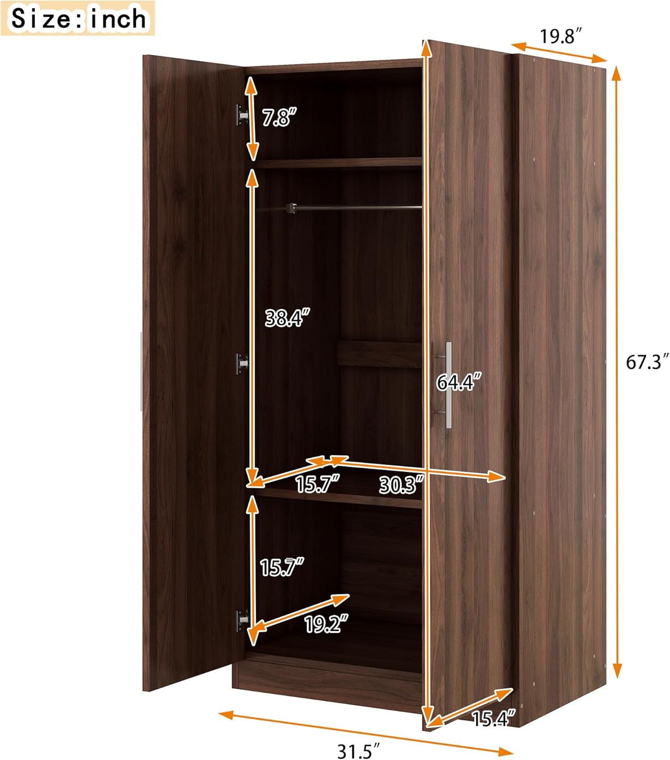 Freestanding Mirror Wardrobe with 2 Drawers & Shelves, Armoire Storage Closet w/Hanging Rod, Bedroom Clothes Cabinet Organizer, for Home/Wulnut, Brown