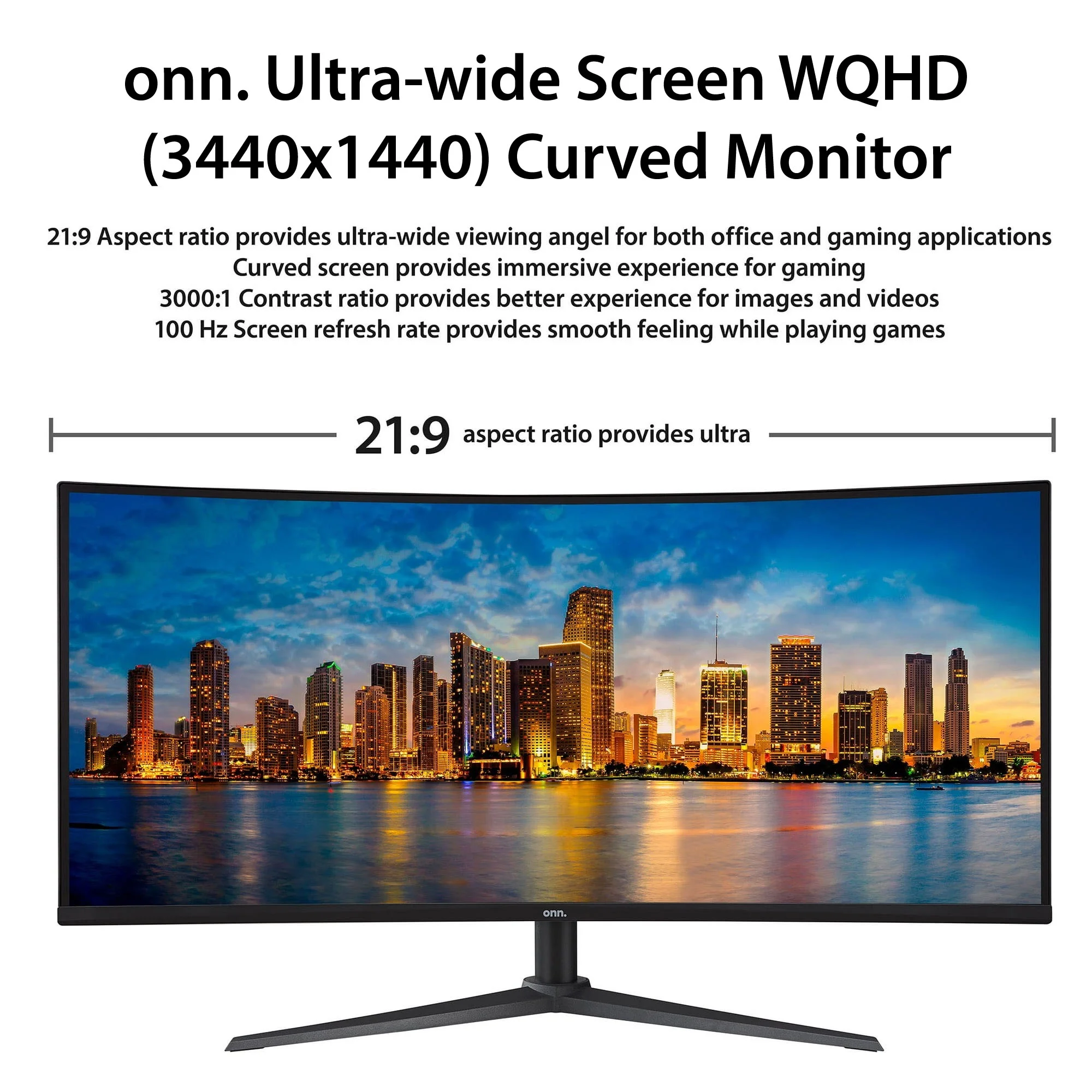 onn. 34" Curved Ultrawide WQHD (3440 x 1440p) 100Hz Bezel-Less Office Monitor with Cable, Black