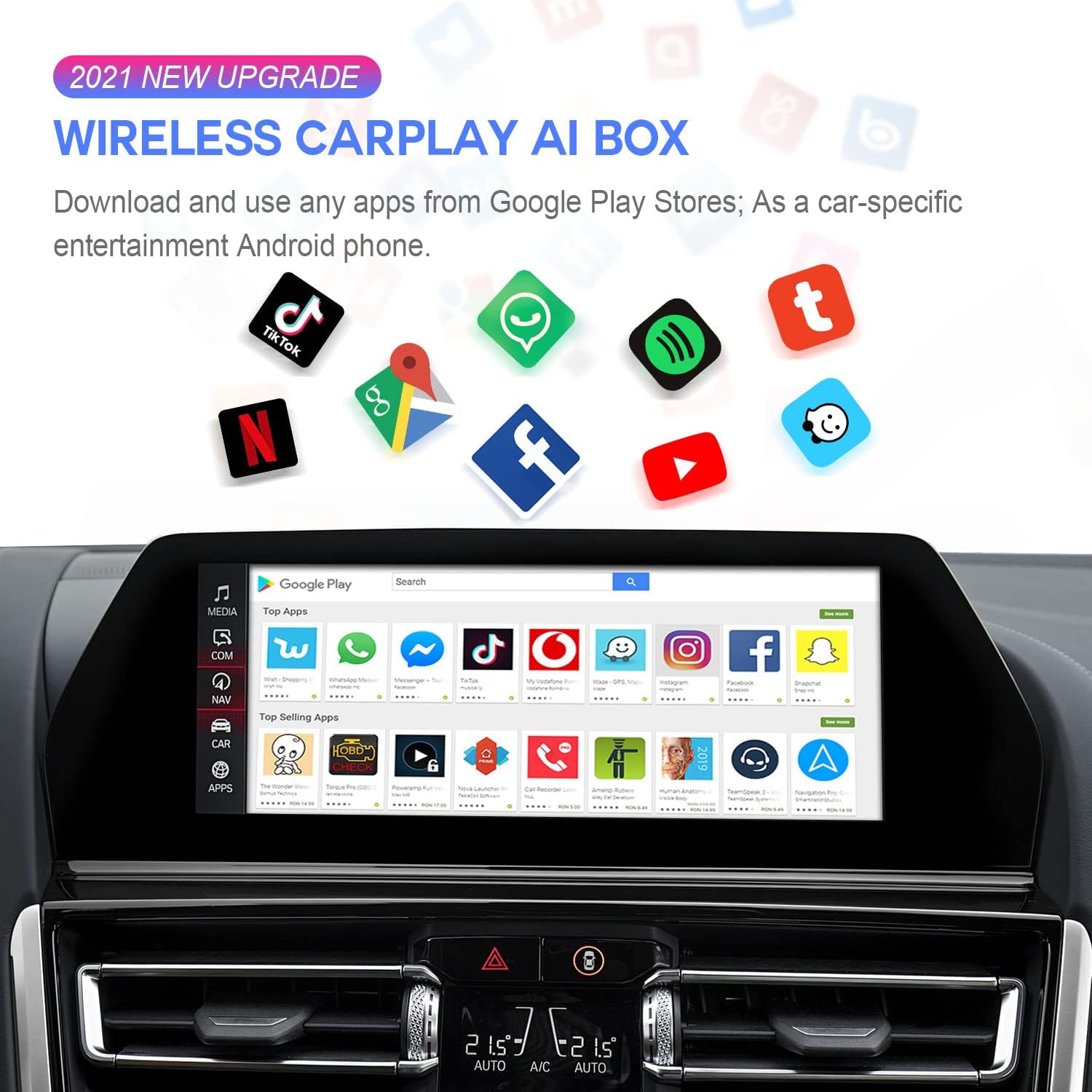 Multimedia Video AI Box for Cars with Wired CarPlay,AI Box Android System Supports WiFi,4G SIM Card,Split Screen,Wireless CarPlay+Wireless Android Auto,Installing Apps from Google Play (S21, Brown)