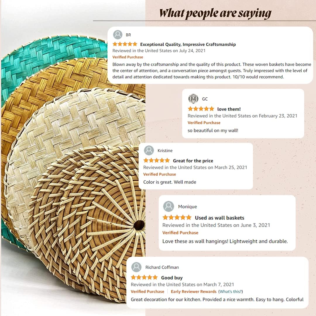 Wicker Wall Decor - Bamboo Wall Basket Decor Boho Flat - Woven Basket Wall Decor Set of 5 - Flat Baskets for Wall - Wicker Wall Hanging Serving Tray Pack of 2