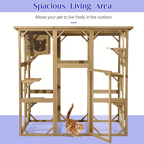 ROOMTEC 70 Inch Large Wooden Catio Outdoor & Indoor Cat Enclosure, Luxury Pet-House with Resting Box & 6 Jumping Platforms, Kitty Condo Shelter for Play, Weather Protection Asphalt Roof
