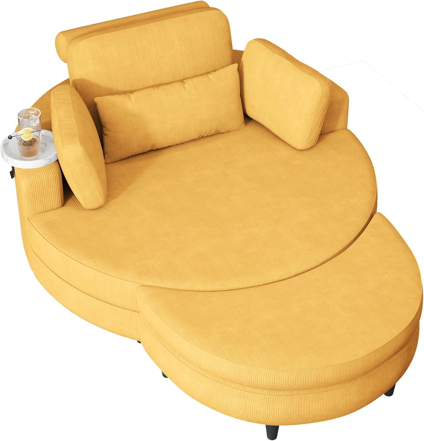 Oversized Accent Barrel Chair Soft Corduroy Upholstery Round Leisure Armchair w/Adjustable Headrest,4 Pillows,Storage Ottoman & Removable Tray for Home Apartment Living Room Hotel Lobby
