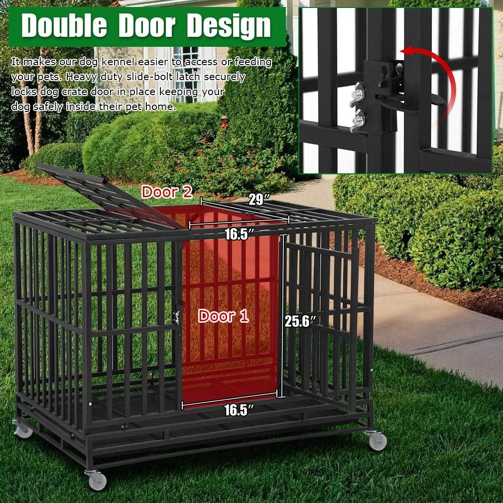 BestPet Heavy Duty Dog Crate Indestructible Dog Cage Dog Kennel for Large Medium Dogs 48 Inches Pet Playpen for Training Indoor Outdoor with Plastic Tray Double Doors & Locks Design,Black