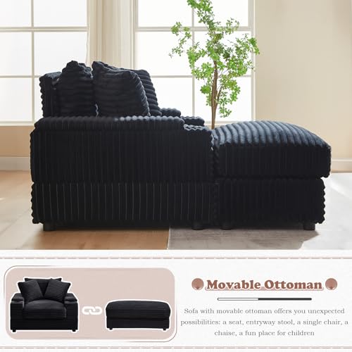 Modern Chaise Longue Indoor, 86.6" Oversized 3 Seater Lounge Sofa Chaise with Movable Ottoman/Storage Armrests/Cup Holders, Corduroy Deep Seat Sectional Cloud Sofa Couches for Living Room, Green