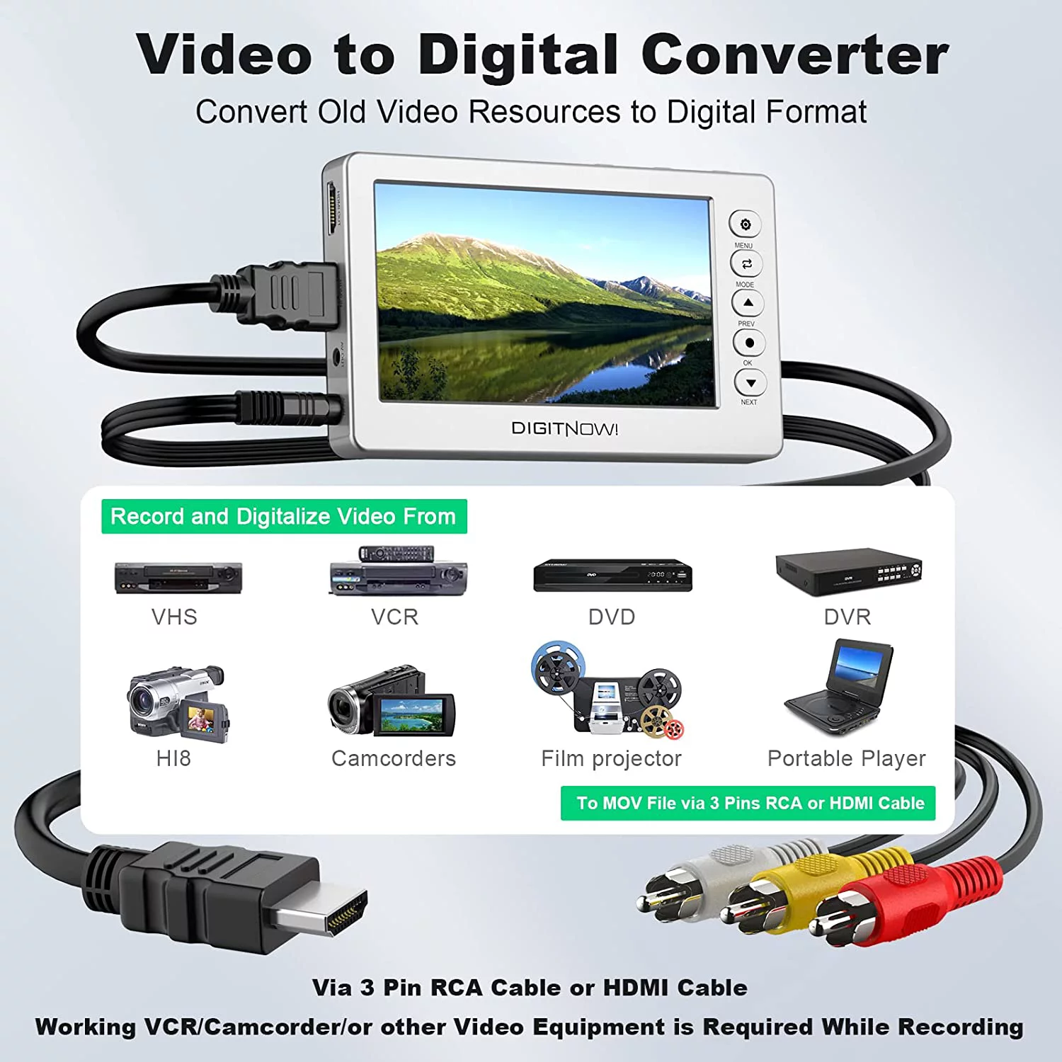 DIGITNOW Video to Digital Converter, VCR VHS to Digital Converter with 5" OLED Screen, Video Recorder Capture Device from DVD, RCA, Hi8, Camcorders, Gaming Systems, Support AV and HDMI - Silver