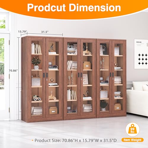 Glass Display Cabinet Liquor Cabinet with Lock,Tall Bookcase Metal Glass Storage Cabinet with 4 Adjustable Shelves,5-Tier Curio Cabinet for Home,Study,Living Room and Office (White)