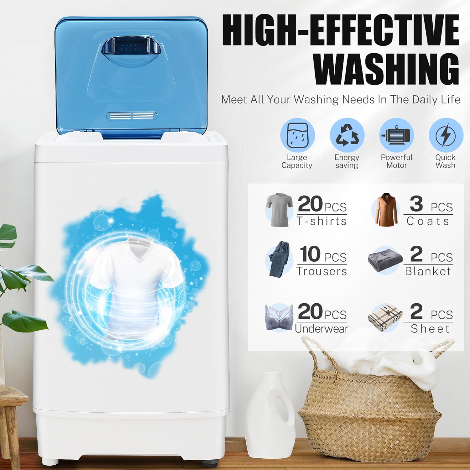 Nictemaw Portable Washing Machine, 17.8Lbs Capacity Compact Laundry Washer, 2.3 Cu.ft Full-Automatic Washer and Spinner Combo with 8 Cycles, LED Display, Drain Pump for Apartment RV Dorm