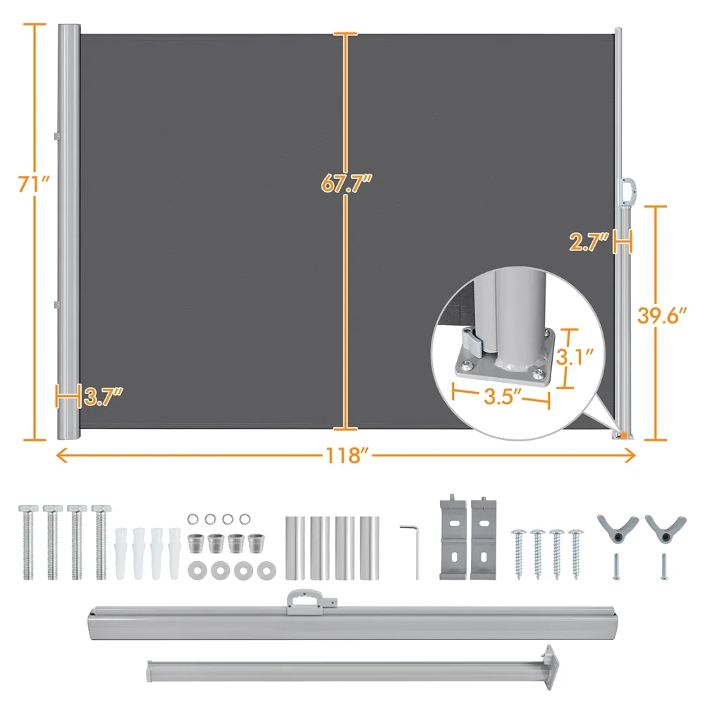 Yaheetech 118 x 71'' Retractable Patio Side Awning, Sun Shade and Wind Screen, Dark Gray