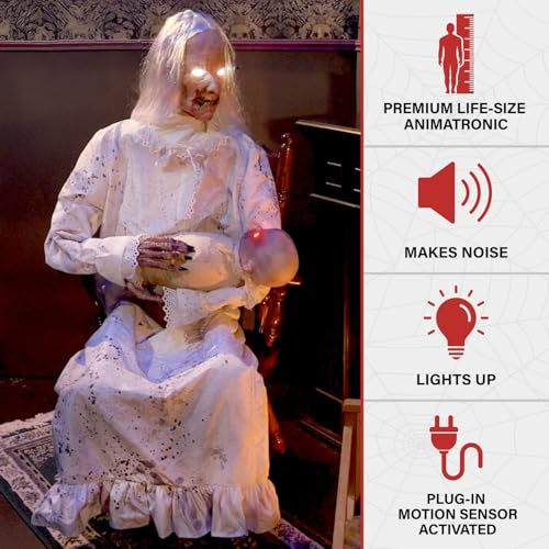 Haunted Hill Farm Life-Size 2.9-Ft Animatronic Gravely Granny by Tekky Halloween Decoration with Motion-Activated Sounds