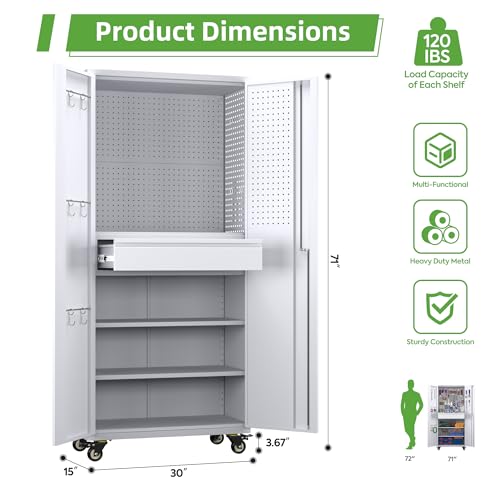 73" H Metal Storage Cabinet with Wheels, Garage Storage Cabinet with 4 Adjustable Shelves and Lockable Doors for Garage Home Office Utility Room,Required Assembly,Black