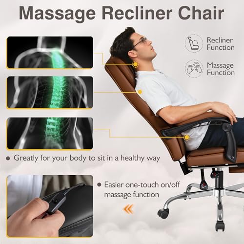Executive Office Chair, Ergonomic High Back with Footrest, Reclining Leather Seats with Lumbar Support, Comfy with Double Thick Cushion, Big and Tall 500 Lbs Heavy Duty, Brown