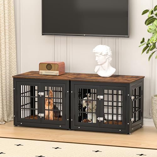 48 Inch Heavy Duty Dog Crate Furniture for Large Dogs, Decorative Pet House End Table, Extra Large Wooden Cage Kennel Furniture Indoor, Natural and White
