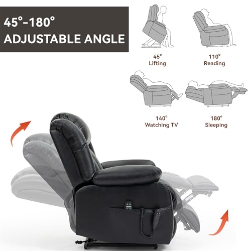 Dual Motor Infinite Position Electric Power Lift Recliner Chair with 8-Point Vibration Massage, Lumbar Heating, and Genuine Leather Upholstery - Supports Up to 350 LBS, Ideal for Elderly (Black)
