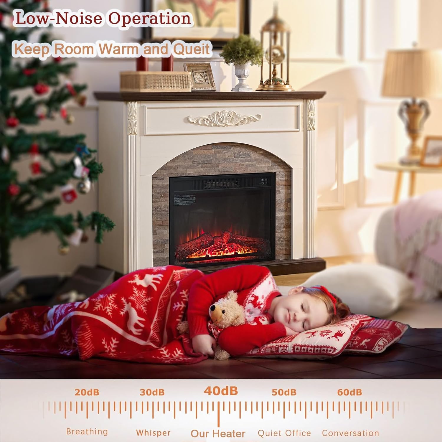 44 Inch Carved Pilasters Electric Fireplace with Mantel, Tall Fire Place Heater Freestanding, Realistic Stacked Stone Surround with Remote Control Timer LED Flame for Living Room, Bedroom