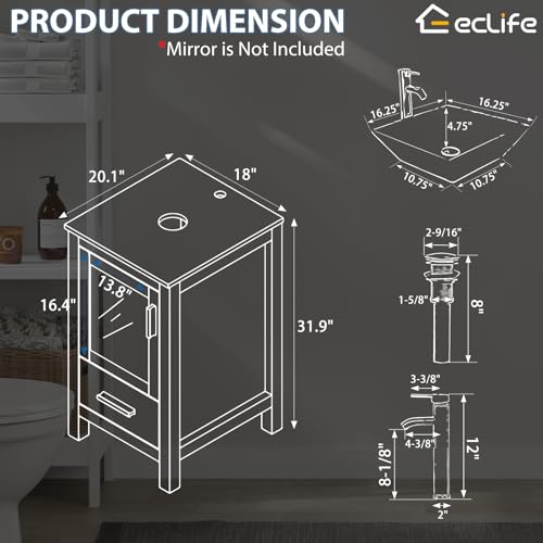 eclife 18" Small Bathroom Vanity Sink Combo Modern Freestanding Cabinet W/Matte Glass Door & Drawer White Round Ceramic Vessel Sink & Water Save Faucet & Pop Up Drain, White (A06)