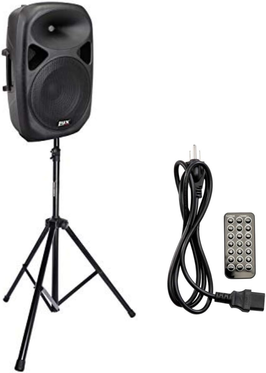 LyxPro SPA15 15 Portable PA Speaker System With Metal Tripod Stand Combo Kit Power Active Power Amplifier Equalizer Bluetooth SD Slot USB MP3 XLR 1/4 1/8 3.5mm Inputs Remote Control Carry Handles