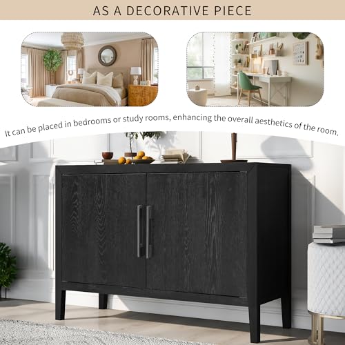 P PURLOVE Sideboard Storage Cabinet with 4 Doors, Retro Large Storage Space Buffet Cabinet with Adjustable Shelves, Sideboard for Hallway, Entryway, Living Room, Dining Room (Black)