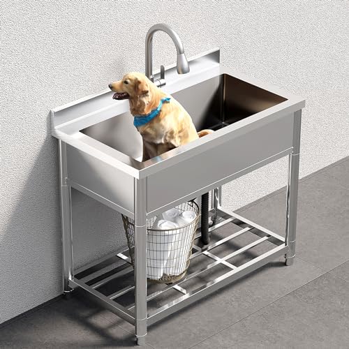 Stainless Steel Large Utility Sink Single Bowl, Freestanding Laundry Sink with Pull-Out Faucet, Utility Sink for Laundry Room, Garage, Kitchen, Outdoor/Indoor Use, W35.4" x D22.4" x H37"