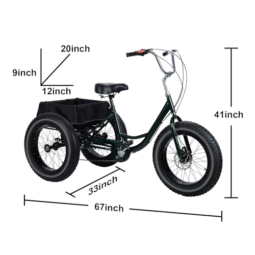 20 Inch Adult Tricycle, Snow Tires Tricycle, 7 Speed Tricycle with Double Disc Brake, Adult Tricycles Three Wheel Bike Cruiser, 3 Wheel Bike with Spacious Shopping Basket