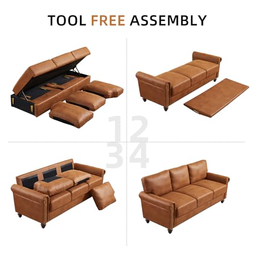 80” Sofa Couch with Storage, Mid Century Modern Rolled Arm Couches for Living Room Furniture Sofas, Nailhead Trim, Easy Assembly, Coffee