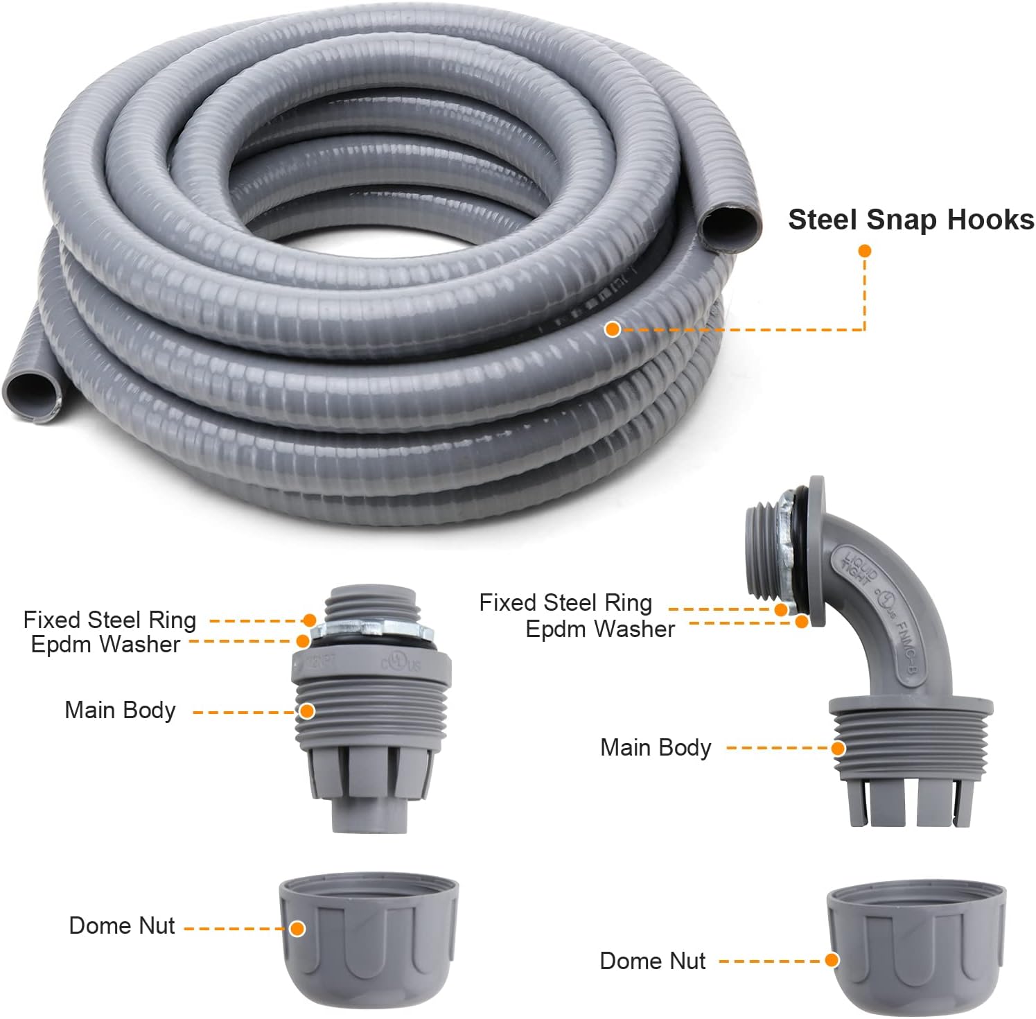 Liquid-Tight Conduit and Connector Kit,Flexible Non Metallic Liquid Tight Electrical Conduit,1/2inch 100ft Electrical Conduit Kit,with 5 Straight and 3 Angle Fittings Included,1/2 in. Dia Pack of 2