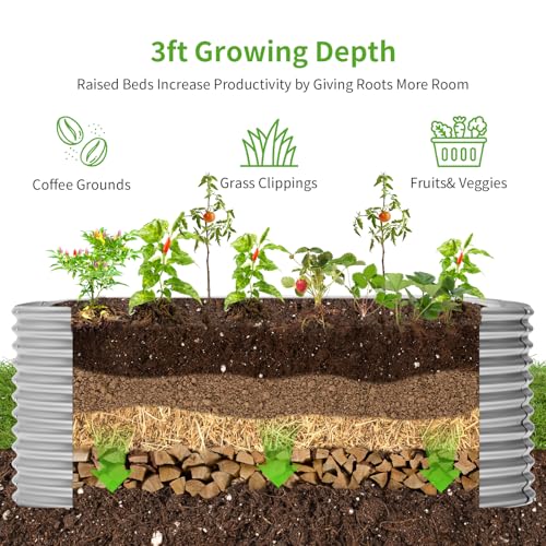 Land Guard 8x4x3ft Oval Galvanized Raised Garden Beds, Large-Capacity Metal Planter Box Outdoor, Durable Deep Raised Garden Bed 3ft Tall, Raised Beds for Gardening Vegetables, Cream Yellow