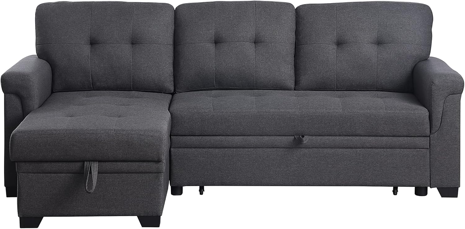 84'' Living Room L-Shape Convertible Sleeper Sectional Sofa with Storage Chaise and Pull-Out Bed, Linen Upholstered Reversible Corner 3 Person Couch, for Apartment, Dark Gray, 84 Inch