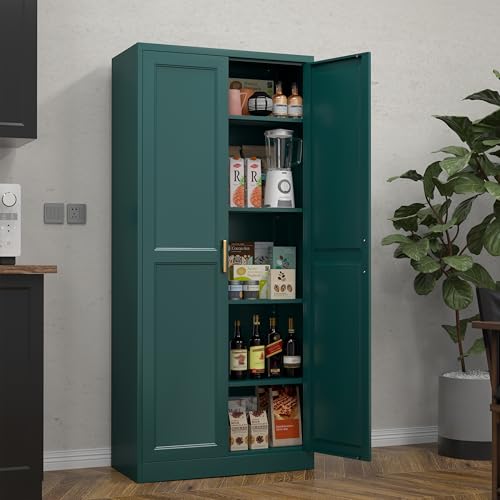 71" Tall Metal Storage Cabinet, Kitchen Pantry Storage Cabinets with Doors and 4 Shelves, White Pantry Cabinet, Utility Kitchen Cupboard, Large Steel Cabinets for Dining Room, Office, Living Room