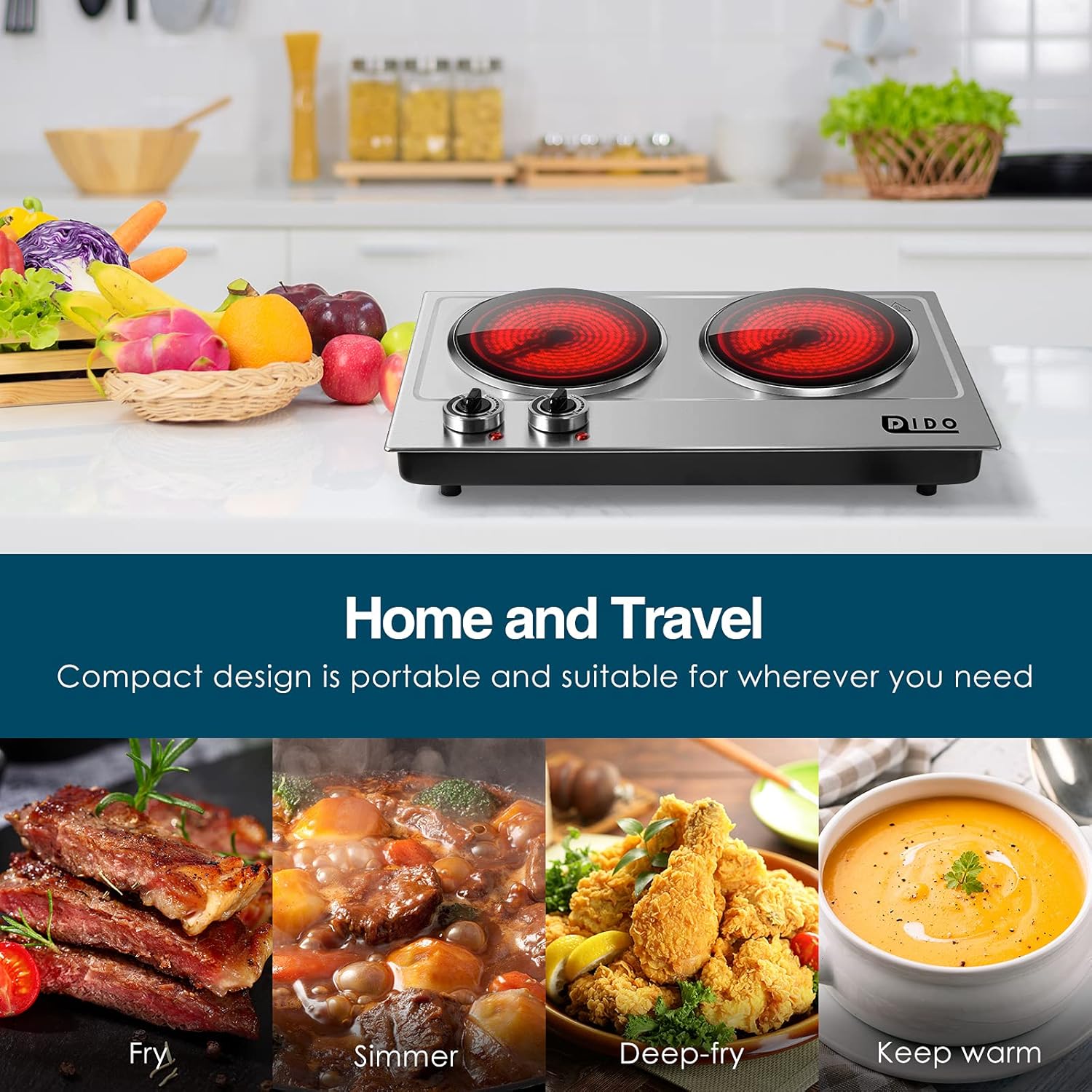 DIDO 1800W Hot Plate, Portable Electric Stove Countertop Cast-Iron Double Burner with Adjustable Temperature& Anti-Slip Feet, Stainless Steel Cooktop for Home/Camp/RV, Compatible for All Cookwares