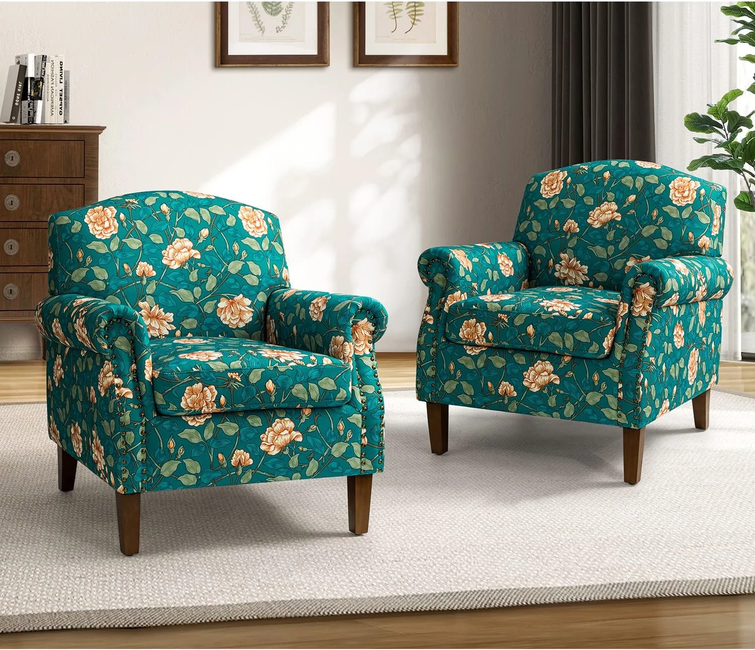 Modern Accent Chair With Wood Legs & Removable Cushion, Comfy Upholstered Armchair Nailhead Trim, Floral Design Single Sofa Cozy Club Chair For Reading Office Living Room Bedroom, Teal