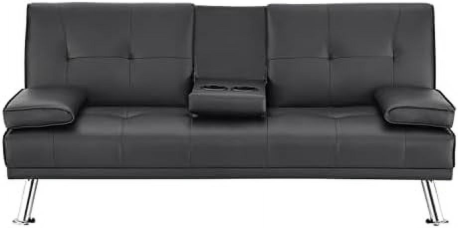 TJUNBOLIFE Black Futon Sofa Bed  Faux Leather Futon Couch  Black Sofa Bed Couch Convertible with Wooden Legs  Pull Out Sofa Bed  Reclining Small Couch Bed  Folding Futon Bed for Living Ro