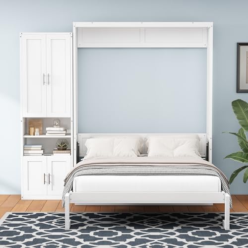 MERITLINE Queen Murphy Bed with Storage Cabinet，Bookcase，Shelves and Charging Station,Wood Folding White Murphy Wall Bed Cabinet for Adults