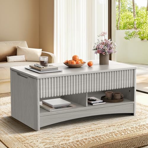 Marsail Lift Top Coffee Table with Open & Hidden Storage, Modern Fluted Coffee Table with Smooth Lift Mechanism, Sturdy Space-Saving Center Table for Home Living Room, Office, Natural Oak