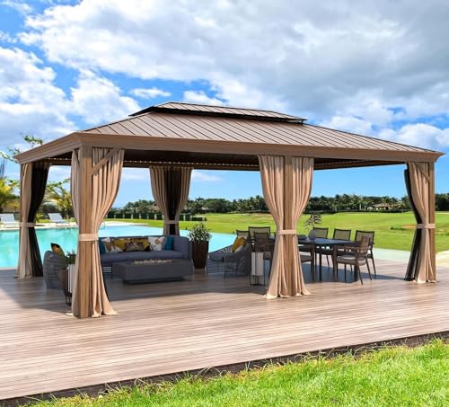 MELLCOM 12'x16' Hardtop Gazebo, Galvanized Steel Metal Double Roof Canopy with Curtains and Netting, Brown Permanent Pavilion Gazebos with Aluminum Frame for Garden, Patio, Lawns, Deck