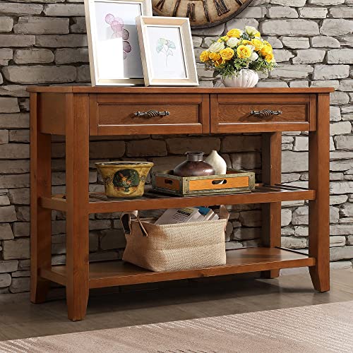 Console Sofa Table with 2 Storage Drawers and 2 Tiers Shelves, Mid-Century Style 42'' Solid Wood Buffet Sideboard for Living Room Furniture Kitchen Dining Room Entryway Hallway, Antique White