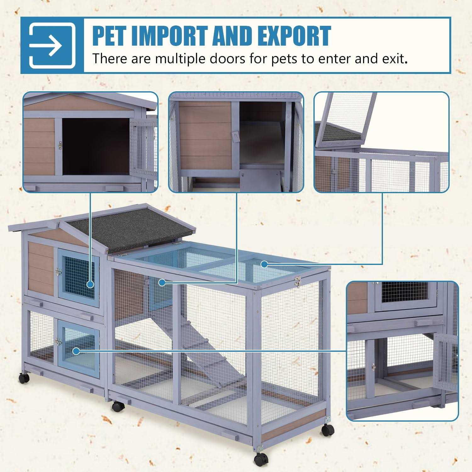 Niamvelo Wood Rabbit Hutch Indoor&amp;Outdoor Bunny Cage with Wheels &amp;Waterproof Roof for Small Animals - Pet Supplies online store