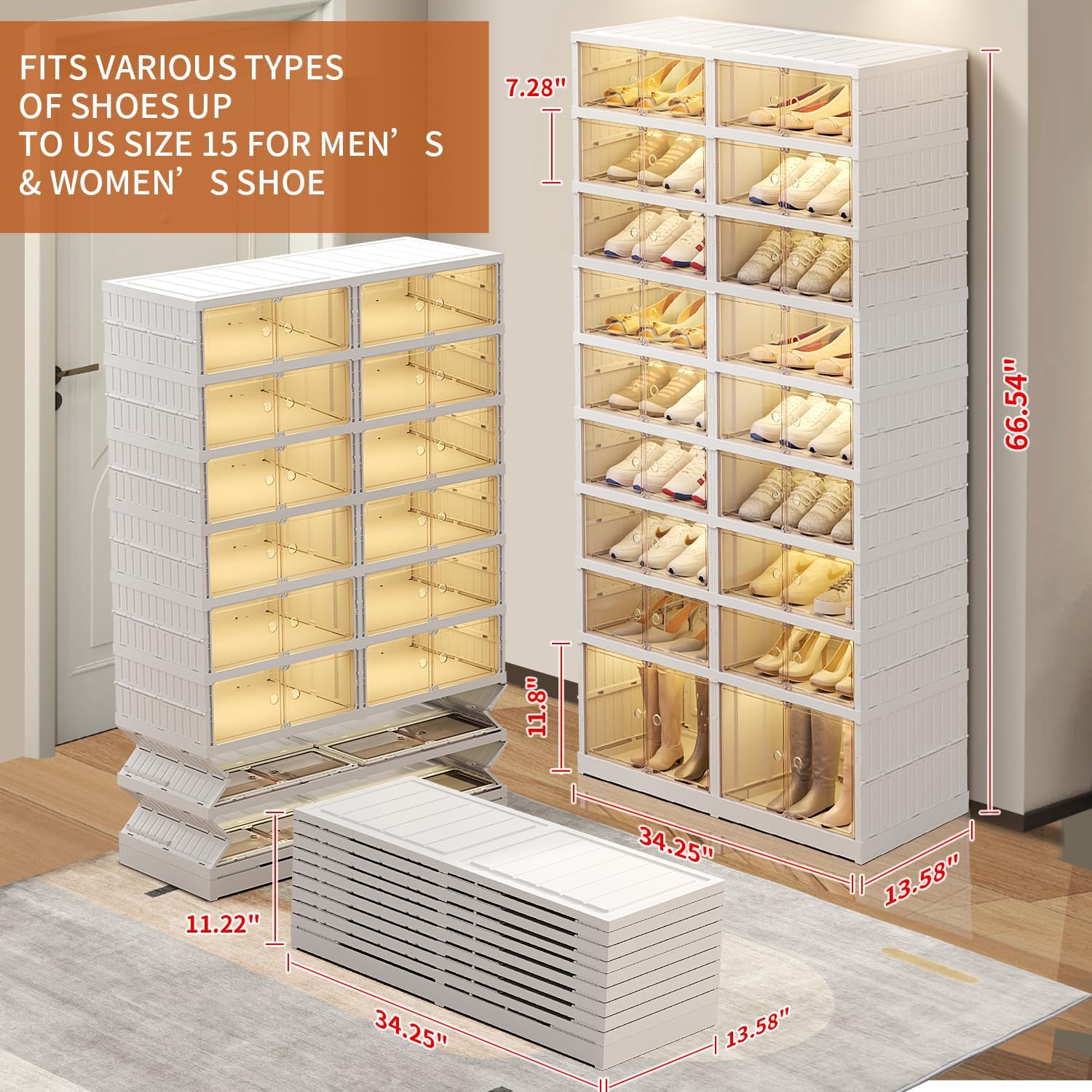 9 Tier Foldable Shoe Rack Organizer for Closet 18-36Pairs Plastic Collapsible Shoe Shelf for front door entrance Stackable Clear Folding Shoes Storage Boxes Tall Shoe Cabinet