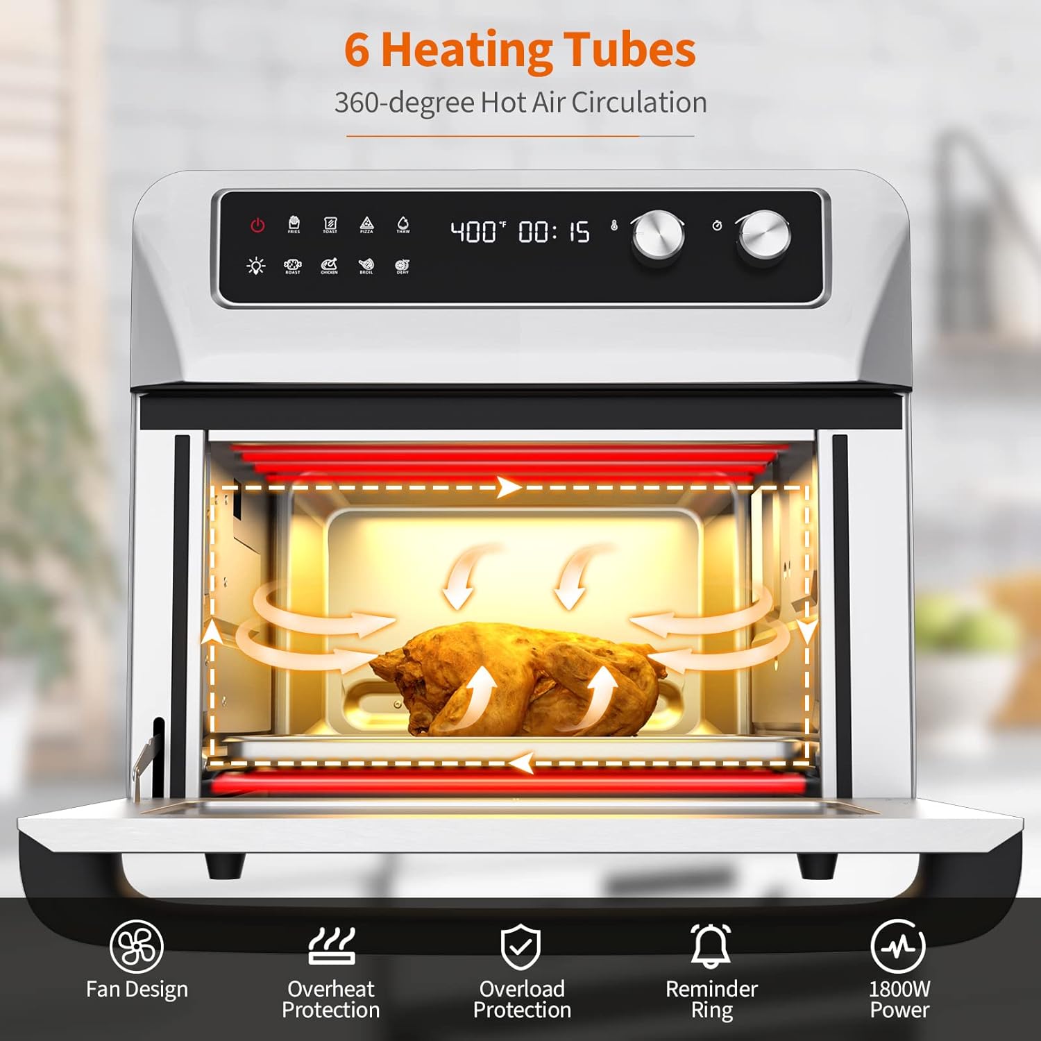 COSTWAY Air Fryer Toaster Oven, 21 QT Toaster Oven Air Fryer Combo with 8 Preset Functions, Smart Control Panel & LCD Display, Reminder Ring, Crumb Tray, 5 Accessories & Recipe Included, 1800W, Silver