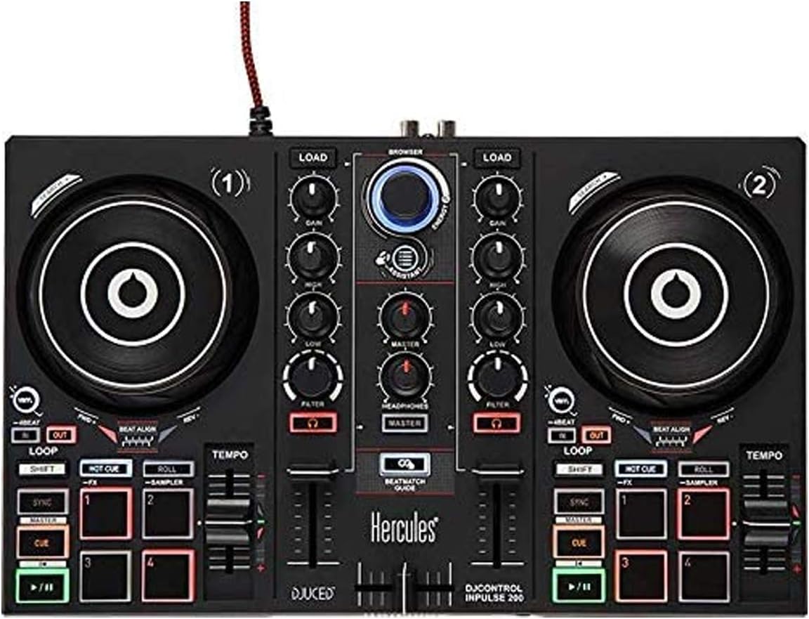 Hercules DJ Control Inpulse 200 | Portable USB DJ Controller with Beatmatch Guide with Over-Ear Stereo Headphones and Hosa TRS Cable + Cleaning Cloth